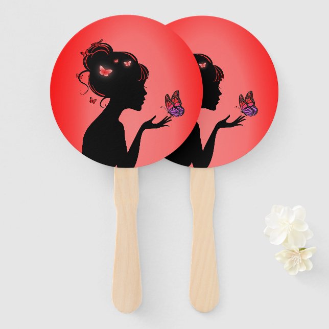Abanico Éventail La femme papillons rouges (Anverso y reverso)