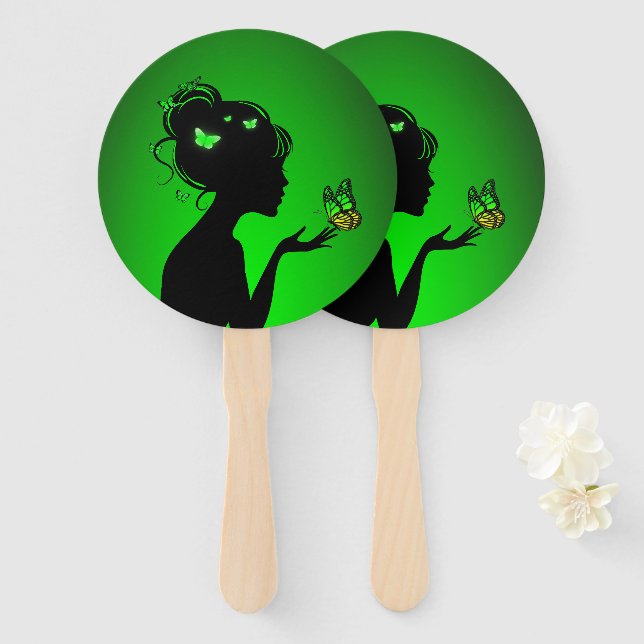 Abanico Éventail La femme papillons verts (Anverso y reverso)