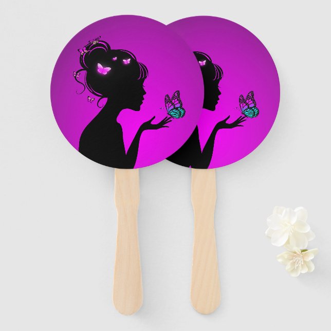 Abanico Éventail La femme papillons violets (Anverso y reverso)