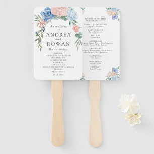 Abanico Fa de mano del programa de bodas con flores azules