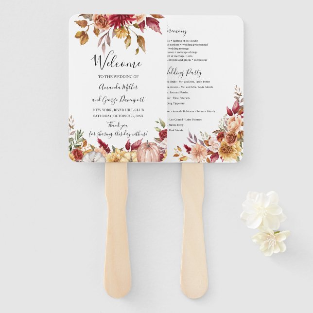 Abanico Fall boda floral programa fan (Anverso y reverso)