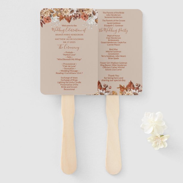 Abanico Fall Floral Bouquet Taupe Boda Hand Fan (Anverso y reverso)