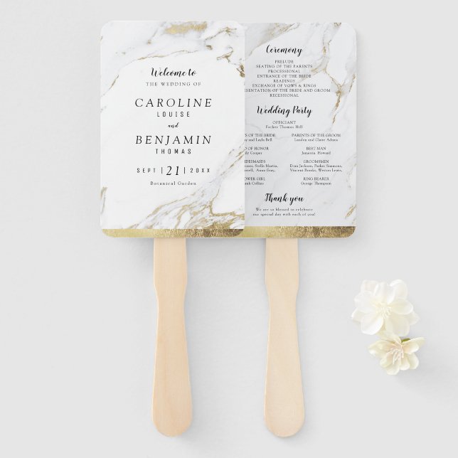 Abanico Falso oro mármol lujo programa de boda moderno (Anverso y reverso)