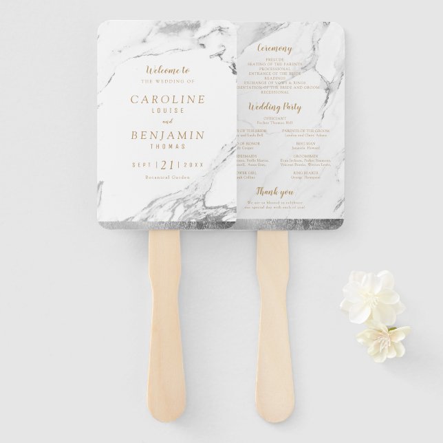Abanico Falso programa de boda moderno de lujo en mármol p (Anverso y reverso)