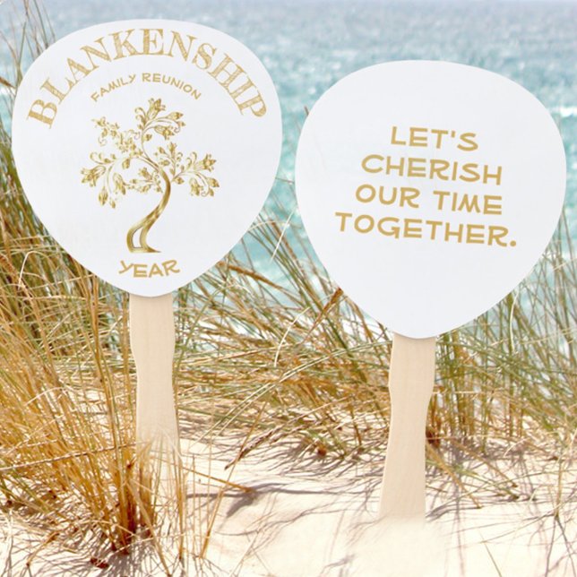 Abanico Familia personalizado Reunión Árbol de oro negro d (Use this family reunion hand fan gold tree design for table decor, a fan or a keepsake. )
