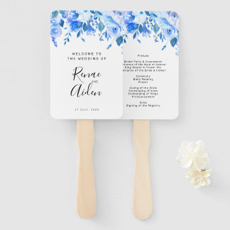 Abanico Fan de mano del programa de boda floral azul, flor