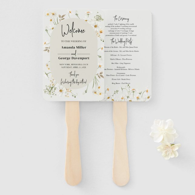 Abanico Fan del programa de bodas Daisy Wildflowers (Anverso y reverso)