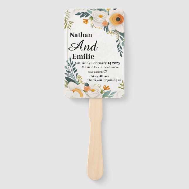 Abanico Fanático boda de flores blancas y amarillas (Anverso)