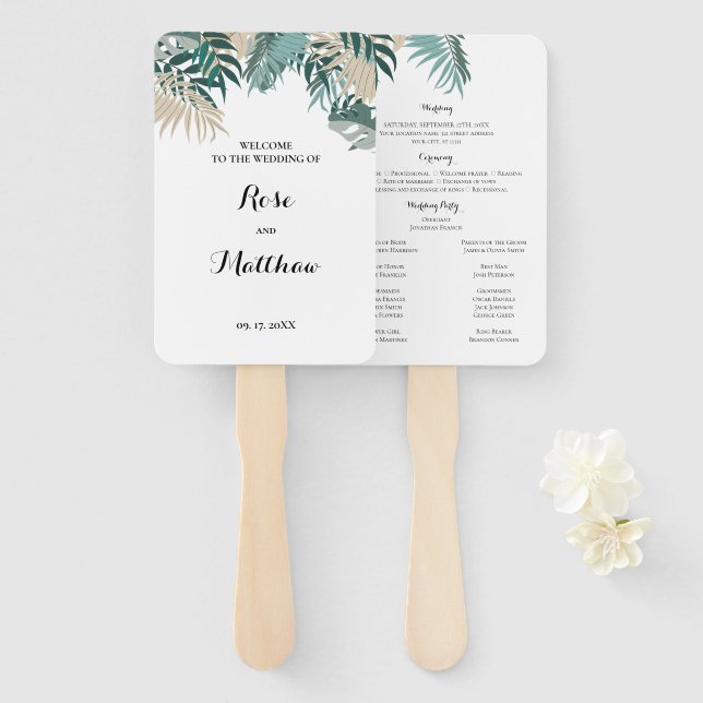 Abanico Fanático de mano de hojas tropicales (Anverso y reverso)