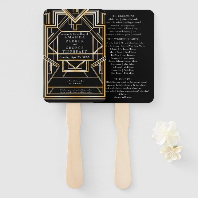 Abanico Fanático del programa de bodas Gold Art Deco (Anverso y reverso)