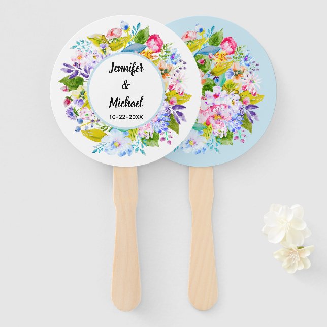 Abanico Fanáticos del Boda romántico floral azul suave (Anverso y reverso)