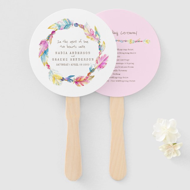 Abanico Fanáticos del programa de plumas y perlas de boho  (Anverso y reverso)