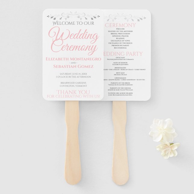 Abanico Fans de bodas elegantes rosas y grises con program (Anverso y reverso)
