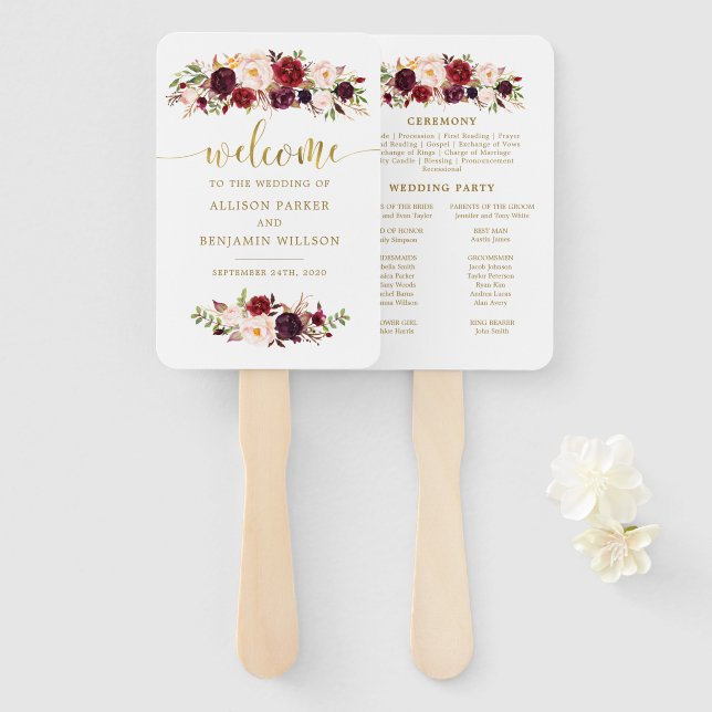 Abanico Fans del programa Boho Gold Marsala Floral Wedding (Anverso y reverso)