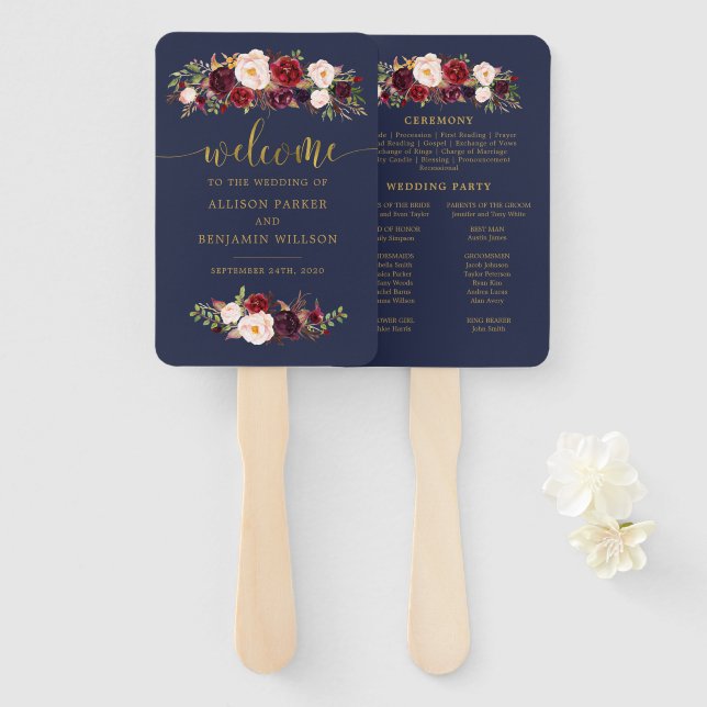 Abanico Fans del programa Boho Navy and Gold Floral Weddin (Anverso y reverso)