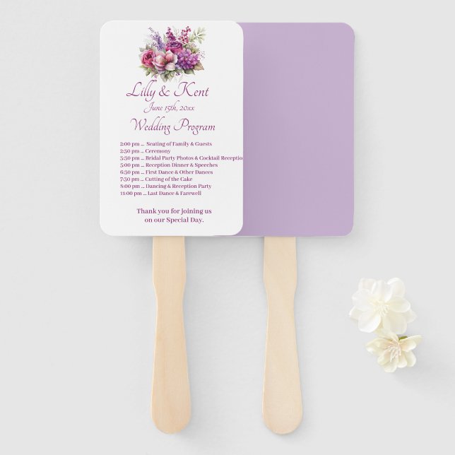 Abanico Fans del programa de bodas de lavanda de Fuchsia (Anverso y reverso)