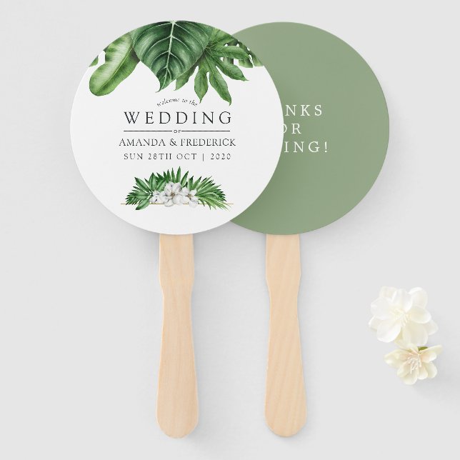 Abanico Favor de boda de follaje verde tropical (Anverso y reverso)