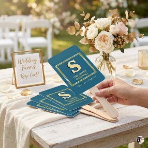 Abanico Favor de Boda Elegante Monograma Dorado Azul Teal