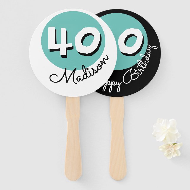 Abanico Feliz cumpleaños 40.º Verde azulado Hand Fan (Anverso y reverso)