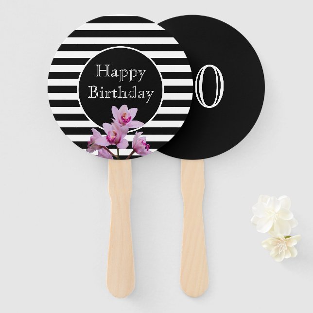 Abanico Feliz cumpleaños de orquídeas con edad (Anverso y reverso)