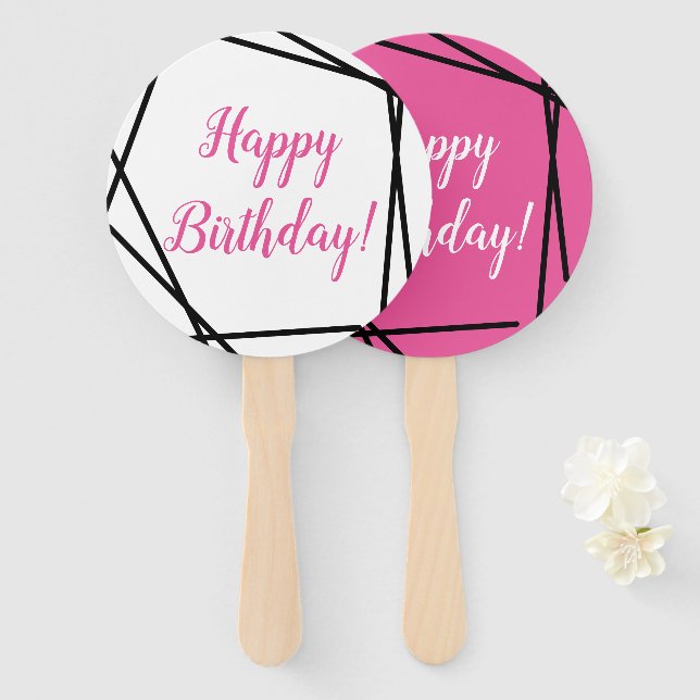 Abanico Feliz cumpleaños Funky Geometric Pink Hand Fan (Anverso y reverso)