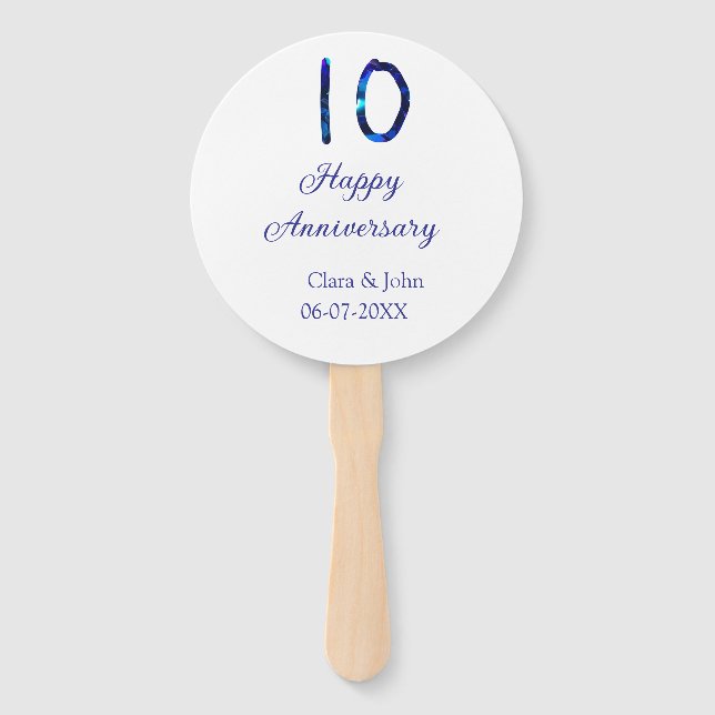 Abanico Feliz décimo aniversario purpurina azul añadir fec (Anverso)