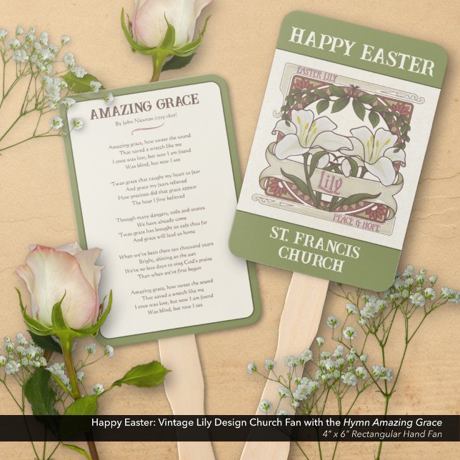Abanico Feliz Pascua: Iglesia de Lirio de la Paz y la Espe (Happy Easter: Vintage Lily Design Church Hand Fan with the Hymn Amazing Grace on the Back.)