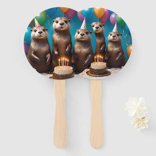 Abanico Fiesta de cumpleaños de Otter Triplets, (Anverso y reverso)