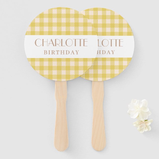 Abanico Fiesta de la casa de campo de Vichy amarillo gingh (Anverso y reverso)