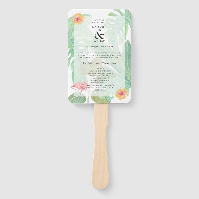 Abanico Flamenco Rosa, Programa de boda con follaje Tropic (Anverso)