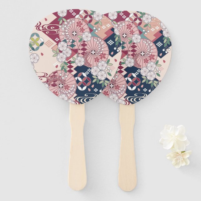 Abanico Flor floral de kimono rosa blanco inmaculado (Anverso y reverso)