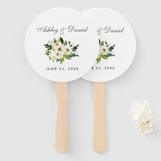 Abanico Floral Floral Verde Boda blanco (Anverso y reverso)