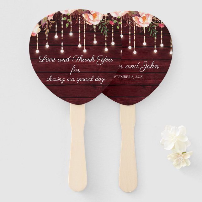Abanico Floral Maroon Wooden Rustic Boda (Anverso y reverso)