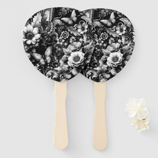 Abanico Floral monocromática antigua con mariposas (Anverso y reverso)