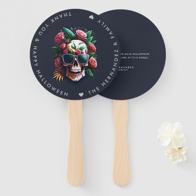Abanico FLORAL SKULL Halloween Party Family Name Personali (Anverso y reverso)