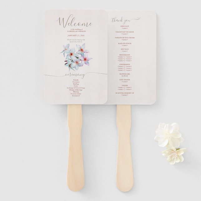 Abanico Floral Watercolor Frangipani Terracotta Boda (Anverso y reverso)