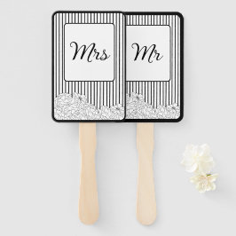 Abanico Flores blancas y negras con rayas