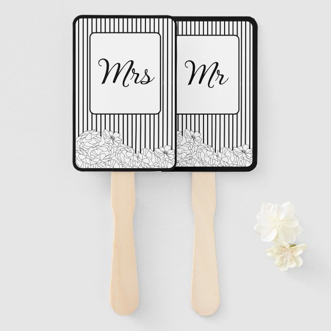 Abanico Flores blancas y negras con rayas (Anverso y reverso)