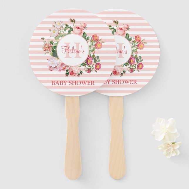 Abanico Flores de época Bandas rosadas Monograma Baby Show (Anverso y reverso)