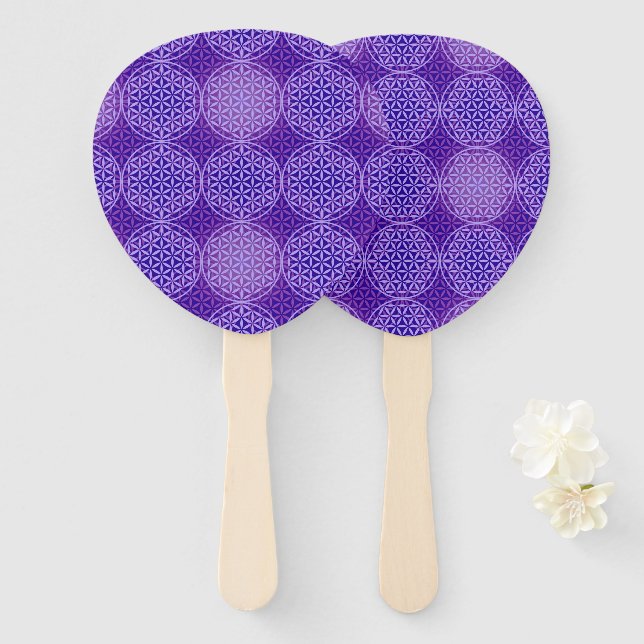Abanico FLORES DE LA VIDA - patrón de lila violeta (Anverso y reverso)
