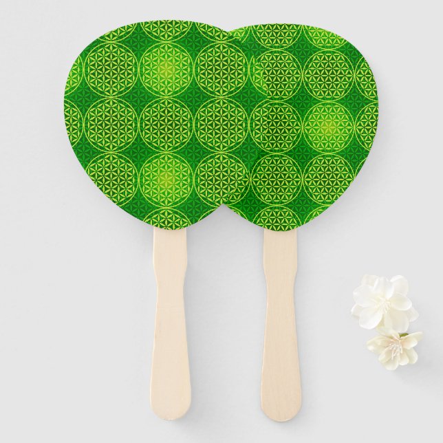 Abanico FLORES DE LA VIDA - patrón de mezcla verde (Anverso y reverso)