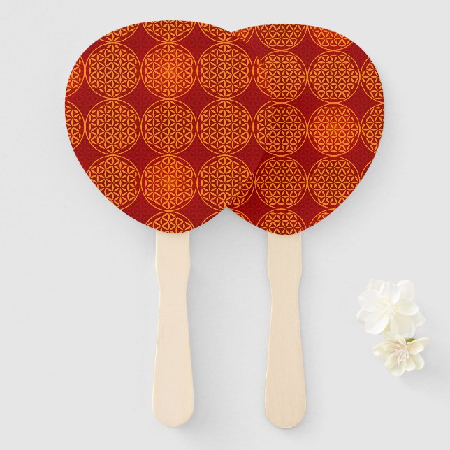 Abanico FLORES DE LA VIDA - Patrón rojo naranja (Anverso y reverso)