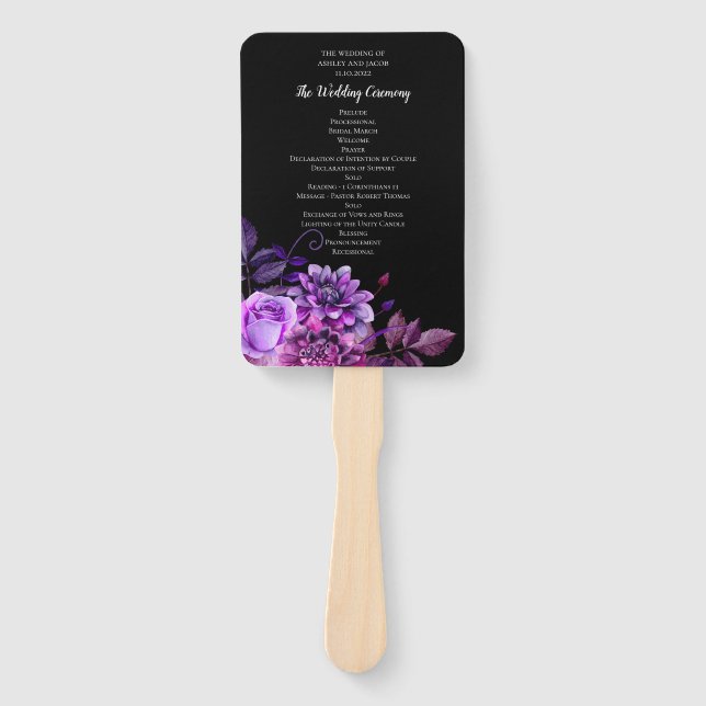 Abanico Flores negras y moradas. Programa floral de boda (Anverso)