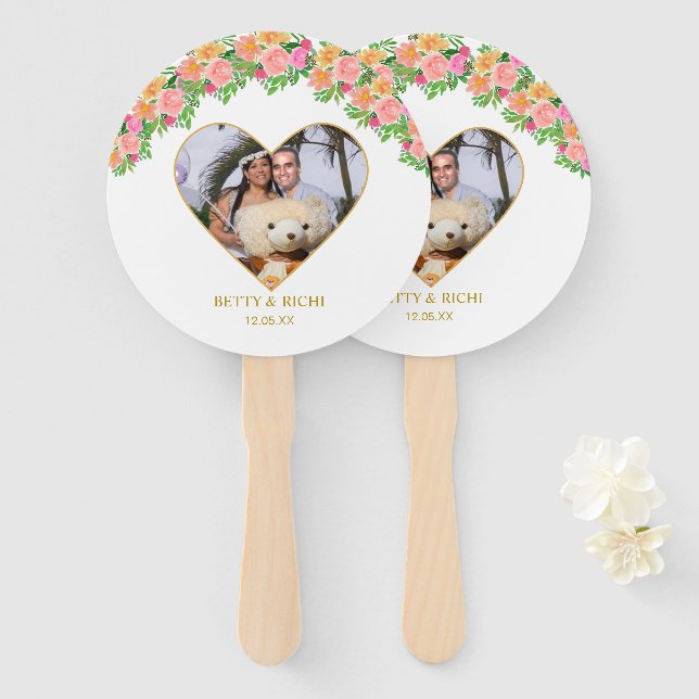 Abanico Flores románticas de corazón y rosa (Anverso y reverso)