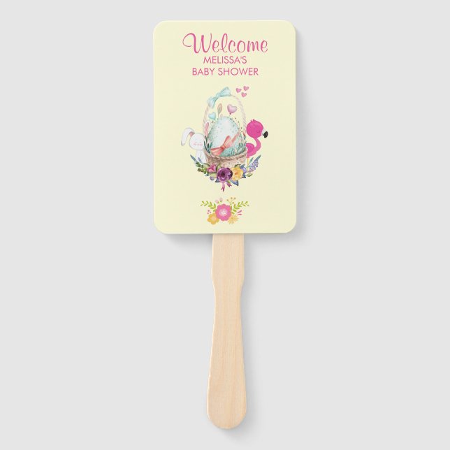 Abanico Flores rosas, huevos, flamencos y acuarela confita (Anverso)