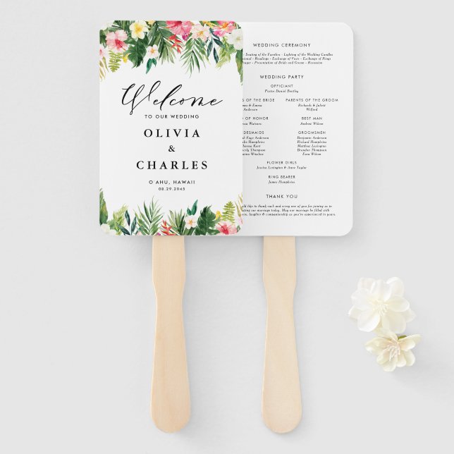 Abanico Flores Tropicales Acuarela Boda de Verano (Anverso y reverso)