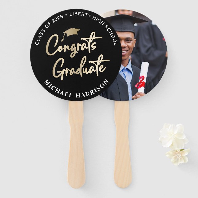 Abanico Foto de felicitación de graduación - Negro (Anverso y reverso)