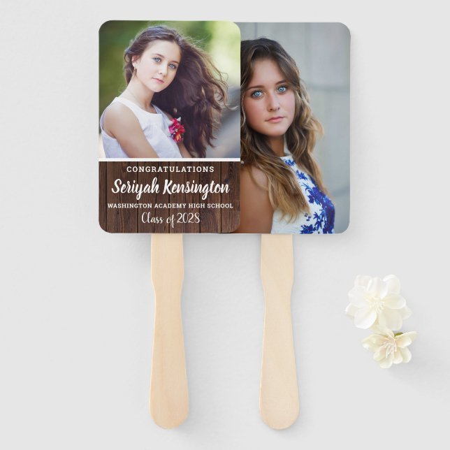 Abanico Foto femenina de graduación de madera rústica (Anverso y reverso)