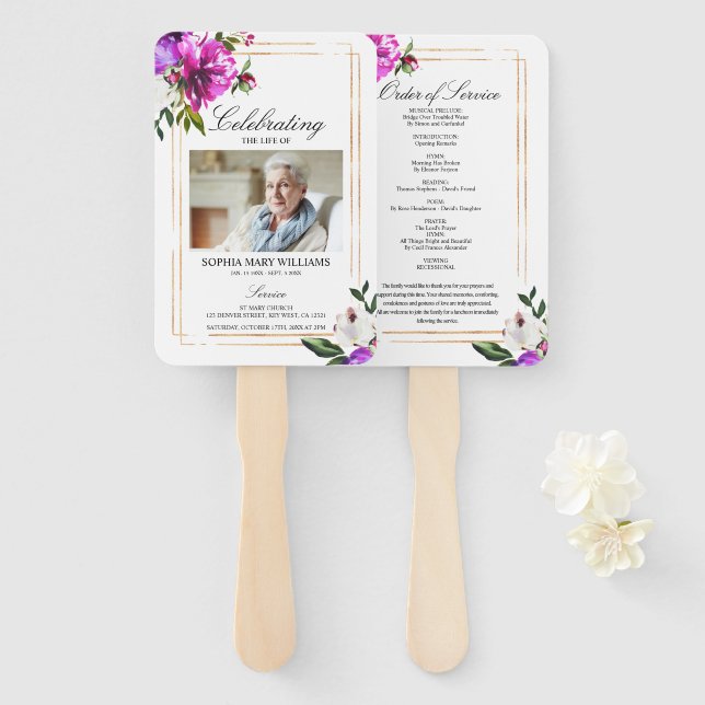 Abanico Funeral Orden del servicio Flor púrpura conjunto d (Anverso y reverso)