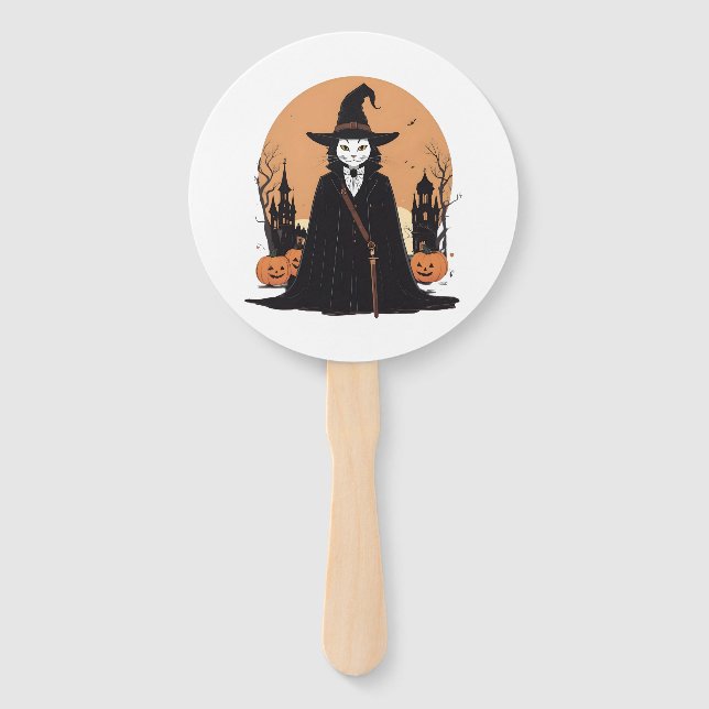 Abanico Gato negro místico salem con calabazas (Anverso)